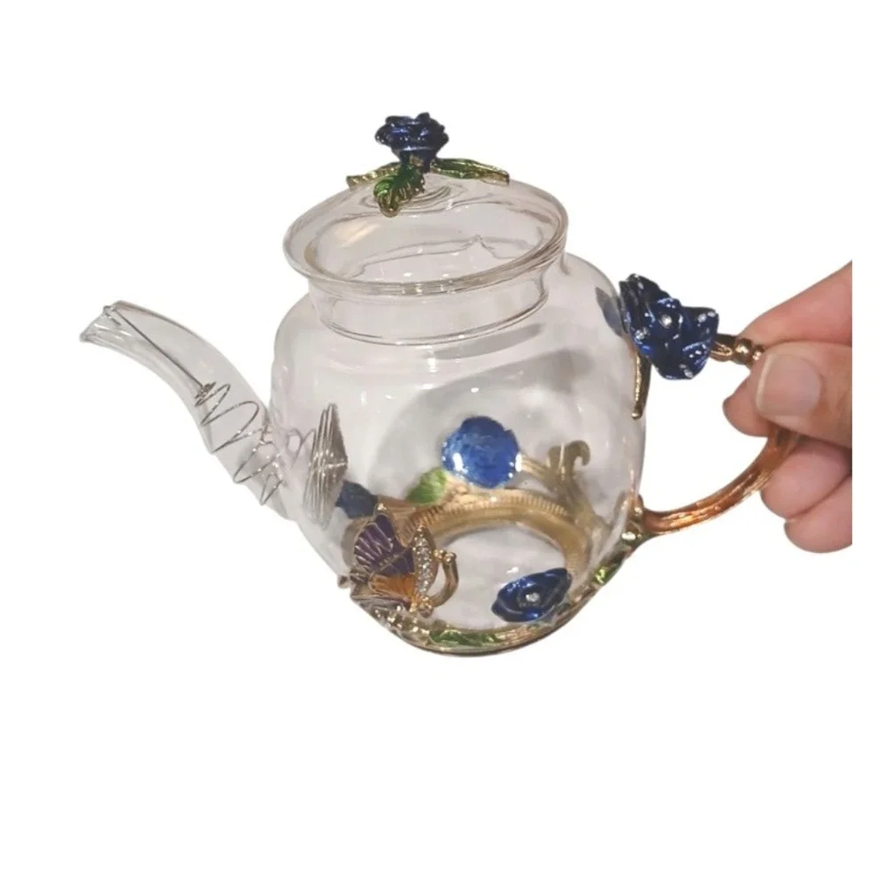 Tea Set Brew To A Tea Blue‎ Rose Butterfly Enamel Glass 3pc Set